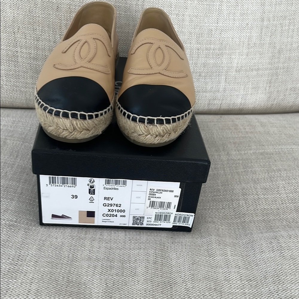 CHANEL Tan and Black Espadrille Flats with Iconic Logo